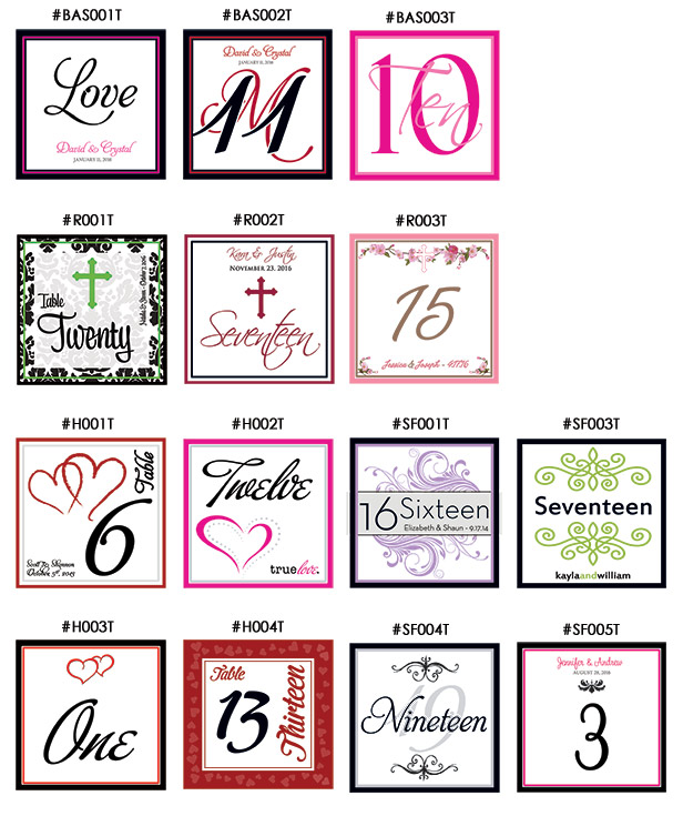 THUMB Custom Wedding Table Number Designs Religious Hearts Swirls Flourish