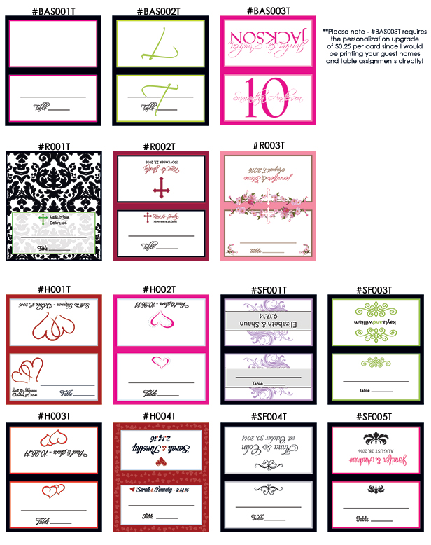 Custom Wedding Place Escort Card Designs Religious Hearts Swirls Flourish